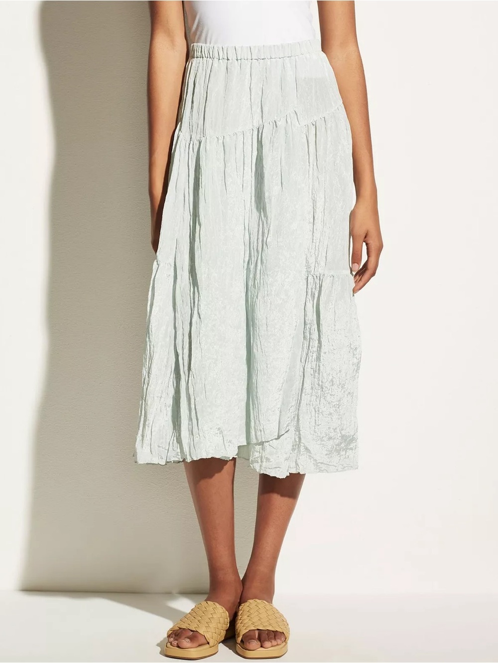 Vince Tiered Asymmetric Mint Green Satin Crinkle Midi Skirt EUC Size XL